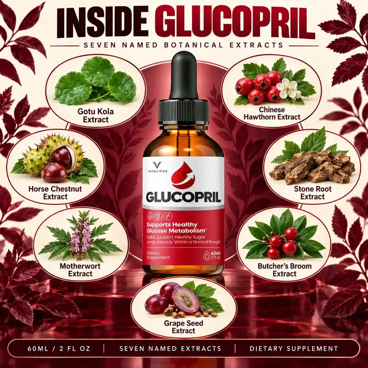 The seller's Inside GlucoPril graphic naming seven botanical extracts